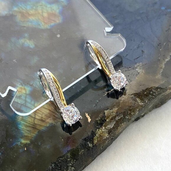 Sterling Silver 925 Round Cubic Zirconia Vermeil Two-tone Leverback Earrings - Picture 5 of 16